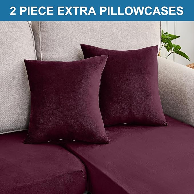 Couch Cover 3-Piece Elastic Velvet Couch Cushion Covers & Chaise Slipcovers for L-Shaped Sofas, Sofa Seat Covers Washable, Soft Cover for Couches (2 Seater + Chaise, Wine)