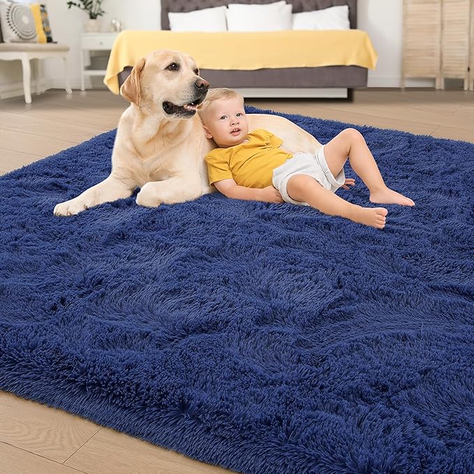 Tepook Super Soft Fluffy Rug for Bedroom, Modern Shaggy Fuzzy Kids Rugs for Living Room, Plush Indoor Nursery Home Decor Dorm Carpet with Non-Slip Bottom, Light Navy, 4 X 6 Feet