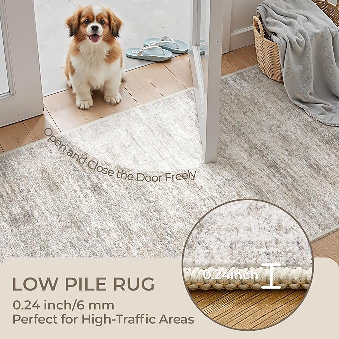 Rug Runners for Hallways Non Slip - 2x8 Runner Rug for Bedroom, Washable Runner with Rubber Backing, Soft Low-Pile Carpet for Kitchen, Laundry, Bathroom (2'x8', Brown/Grey/Ivory)