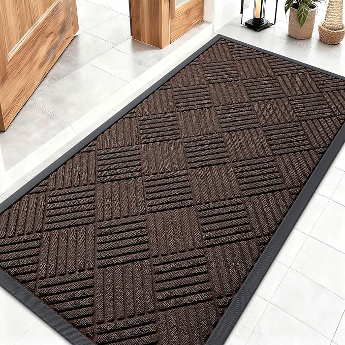 OLANLY Front Door Mat Outside Entrance 47x23, Absorbent, Heavy Duty Sturdy Natural Rubber Doormat Indoor Outdoor, Stain and Fade Resistant, Non-Slip Low Profile Floor Mat for Entryway, Brown Diamond