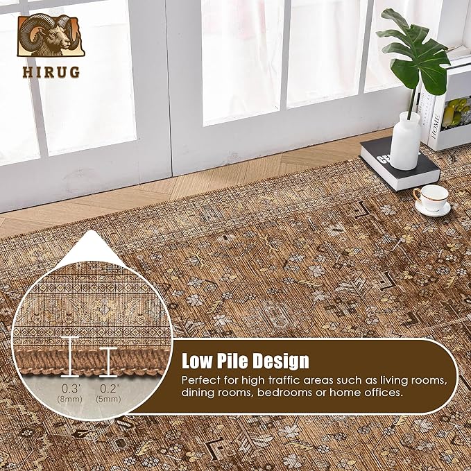 Washable Area Rug 9' x 12' Vintage Traditional Persian Mat - Foldable Distressed Non-Slip Machine Washable Carpet for Living Room Bedroom Kitchen Home Decor - Bronze and Ivory