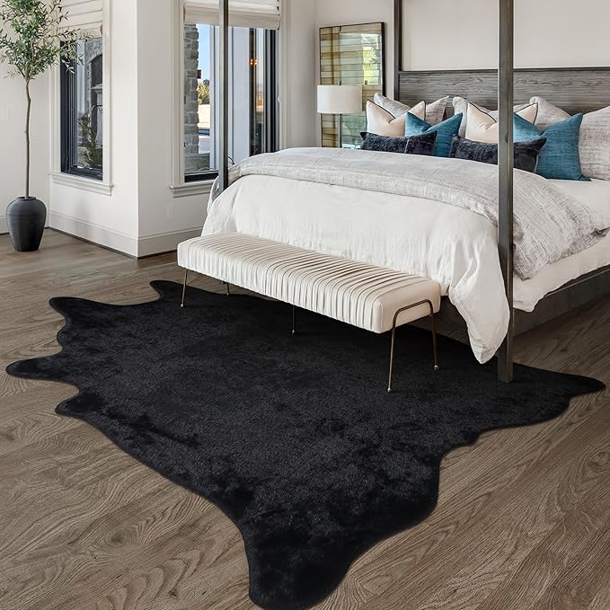 Black Faux Cowhide Rug: Cow Hide Cow Print Rug for Living Room Bedroom 5.2x7 Feet - Animal Print Skin Rustic Western