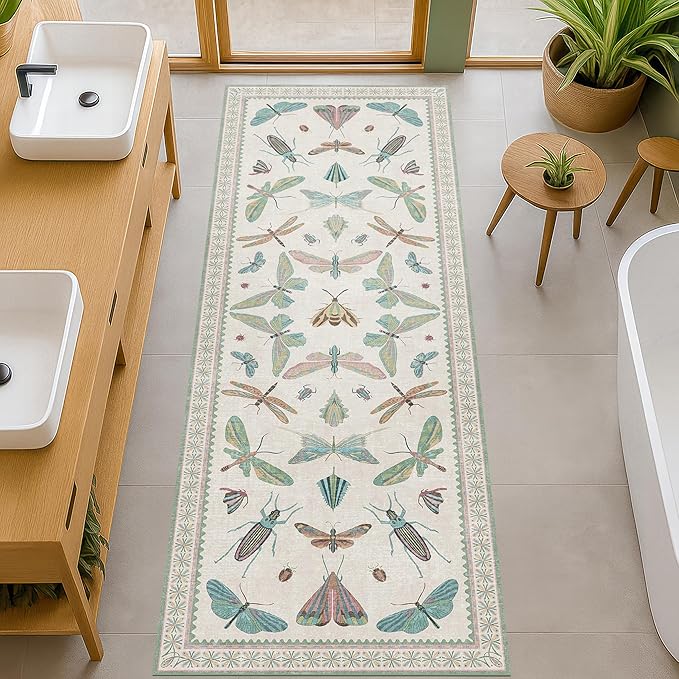 Hazo Haus Boho Bathroom Runners - 2x6 Blue and Green Rug for Kitchen, Entry Way, Non Slip Washable Butterfly Insect Print Home Decor