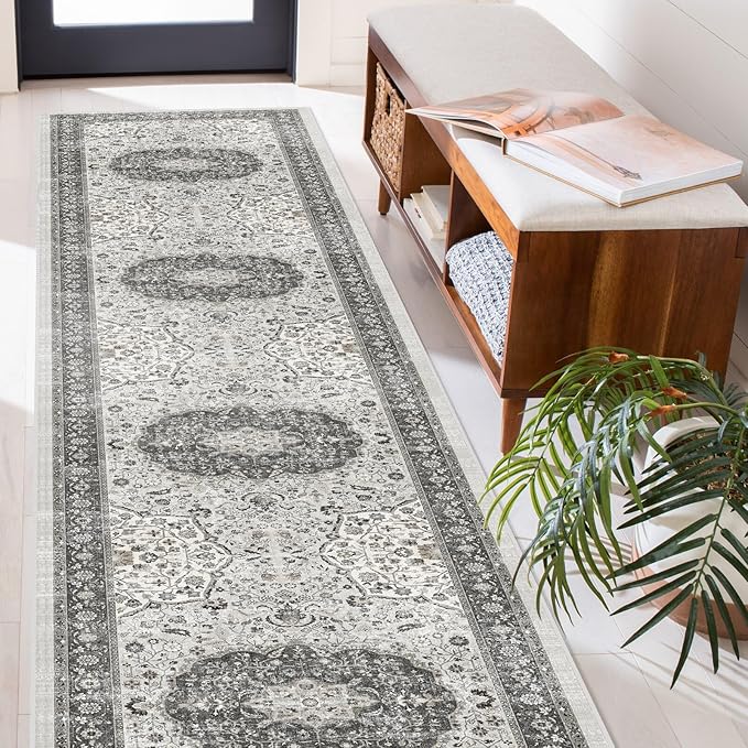Hallway Washable Runner Rug - 2'6x14 Kitchen Rugs Entryway Rug Runner Vintage Soft Floor Mat Non Slip Indoor Farmhouse Carpet for Bathroom Living Room Bedroom (2'6''x14', Grey)