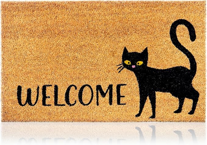 Black Cat - 17"x29" - Coir Door Mat with Heavy Duty Backing - Welcome Mats for Entryway, Porch - Anti-Slip PVC & Coconut Fiber Surface - Natural Home Accessories, Minimalist Original Design