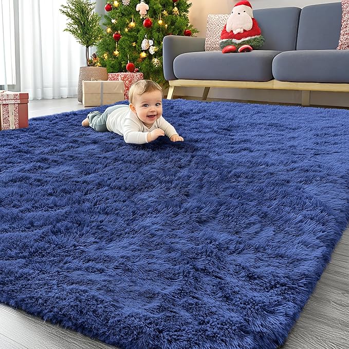 OLANLY 7x12 Machine Washable Large Area Rugs for Living Room, Bedroom, Soft Fluffy Shaggy Bedside Rug, Indoor Floor Carpet for Kids Girls and Boys, Dorms, Nursery, Home Decor Aesthetic, Navy Blue