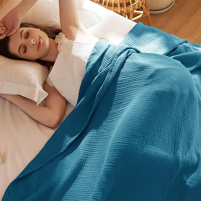 Bedsure 100% Cotton Muslin Throw Blanket Large 50x70 Inches - 4-Layer Breathable and Lightweight Thin Soft Summer Gauze Muslin Blankets for Adults, Teal, Boho Cotton Throw for Couch