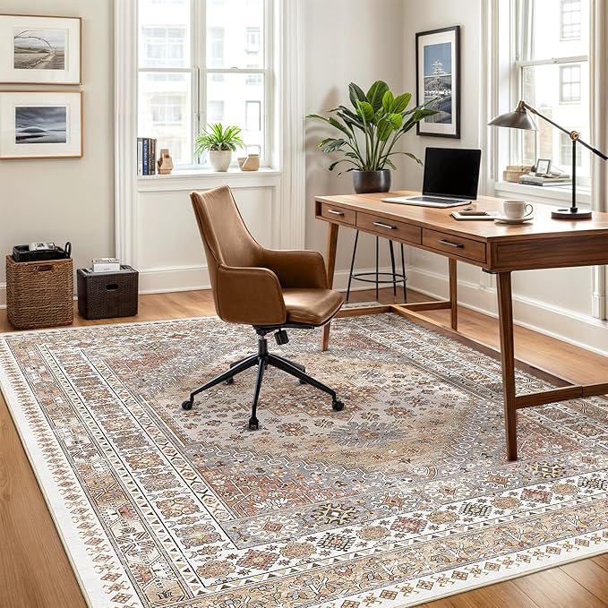 Area Rugs 5x7, Ultra-Thin Washable Rugs for Living Room, Anti-Slip Backing Area Rug for Bedroom, Soft Floral Vintage Home Decor Rug for Dining Room(Orange,5'x7')