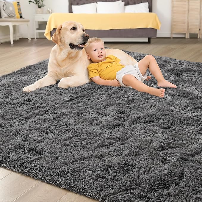 Tepook Area Rugs 9x12 for Living Room, Super Soft Fluffy Rugs for Bedroom, Modern Shaggy Rug Fuzzy Carpets for Kids, Plush Indoor Nursery Home Decor Rug with Non-Slip Bottom, Dark Grey