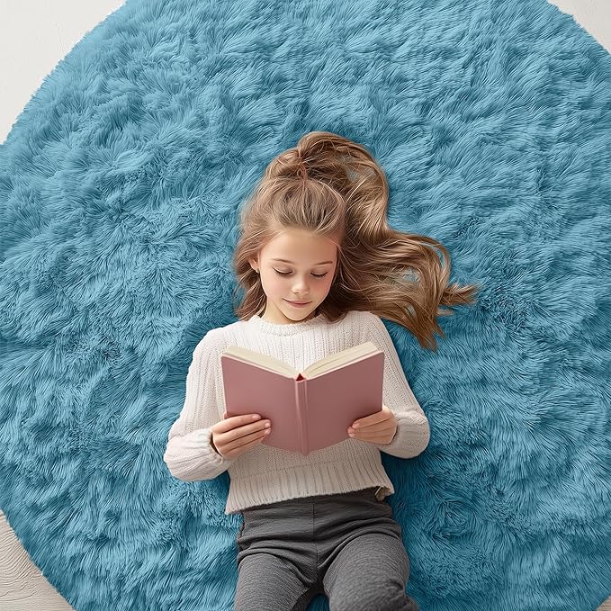 OLANLY Slate Blue Round Rugs for Bedroom - Machine Washable, 4 ft Circle Area Rugs for Living Room, Soft and Fluffy Shaggy Carpet for Teen Girl and Boys, Nursery Rooms, Dorms, Home Decor Aesthetic