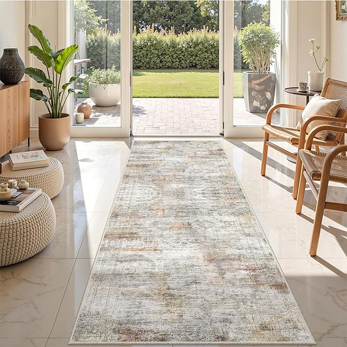 Kitchen Runner Rug Non Slip - 2.5 x 8 Runners for Hallways, Entryway, Bedroom, Washable Runner Rugs for Bathroom, Laundry Room, Low Pile Soft Vintage Area Rug(2.5'x8', Grey/Rust)