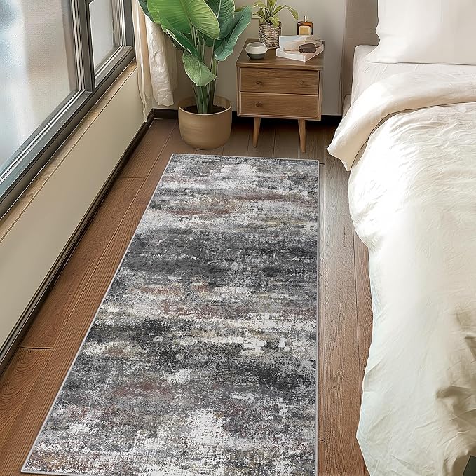Runner Rug for Hallway Kitchen 2x6 Machine Washable Runners Rug for Entryway, Dark Gray Soft Modern Abstract Throw Rugs, Floor Carpet with Non Slip Rubber Backing