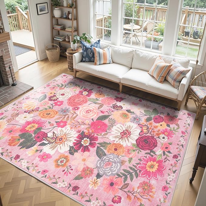 Floral Washable 6x9 Area Rugs Pink, Soft Bedroom Rug for Living Room Ultra-Thin Non Slip Dining Room Rug, Stain Resistant Rugs Easy Clean Throw Carpet for Office(Pink Garden, 6 x 9)