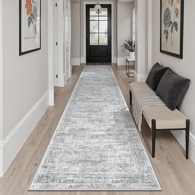 Runner Rug 2x10 Washable Non-Slip Hallway Runner Rugs for Kitchen Bathroom Laundry Room Grey Vintage Floor Carpet Runners for Hallways Entryway