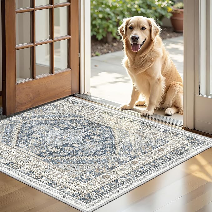 Entryway Rug - 2x3 Washable Rug Runner for Bathroom, Laundry Room, Kitchen, Soft Vintage Hallway Runner for Bedroom, Non-Slip Door Mat Indoor Entrance(Blue/Beige,2'x3')