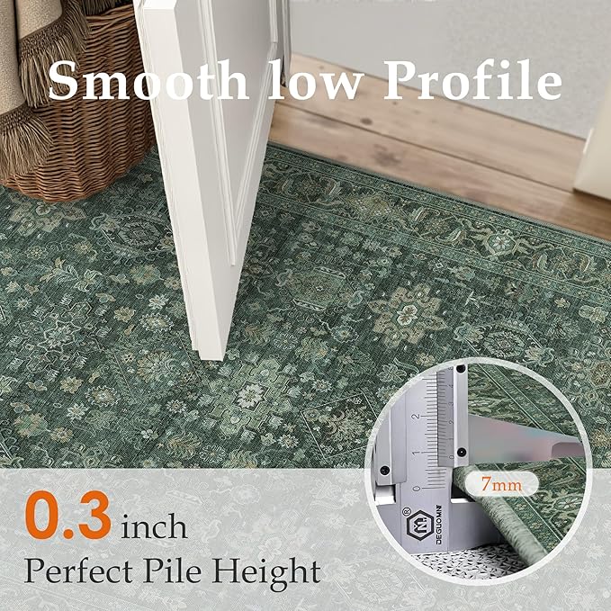 9x12 Washable Area Rug for Living Room Bedroom Vintage Green Non Slip Carpet Traditional Retro Soft Low Pile Large Throw Rug for Dining Room Kitchen Office Indoor
