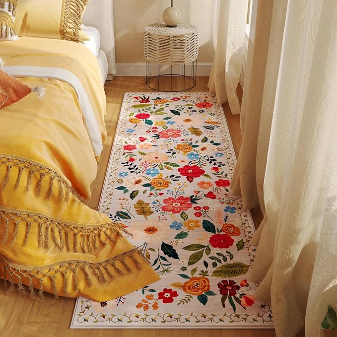 Rugcomf Runner Rug for Hallways Kitchen Rug Non Slip 2'6''x8' Washable Rugs with Rubber Backing Soft Floral Carpet Runner for Hallways, Kitchen, Laundry, Bedroom, Bathroom(Beige)