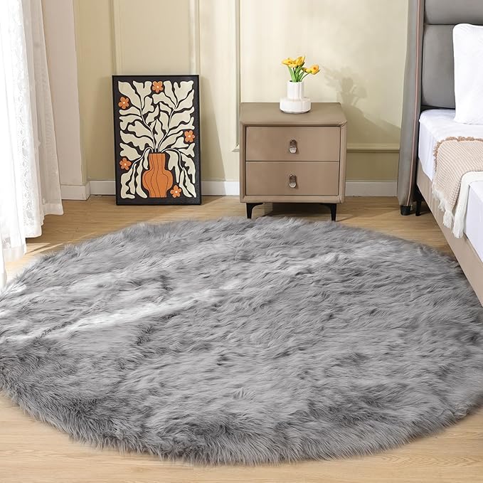 ORINOVA Round Rugs 6ft Silver Grey Fuzzy Faux Sheepskin Washable Furry Fur Area Rugs for Bedroom Large Boho Circle Nursery Rug