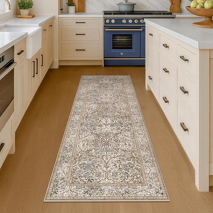 2x6 Washable Bathroom Runner Rug Non Slip - Moss Green Small Runner Rug for Kitchen, Bedroom, Hallway, Stain Resistant Kitchen Floor Mat, Ultra Soft Vintage Oriental Taupe Brown Décor Low Pile