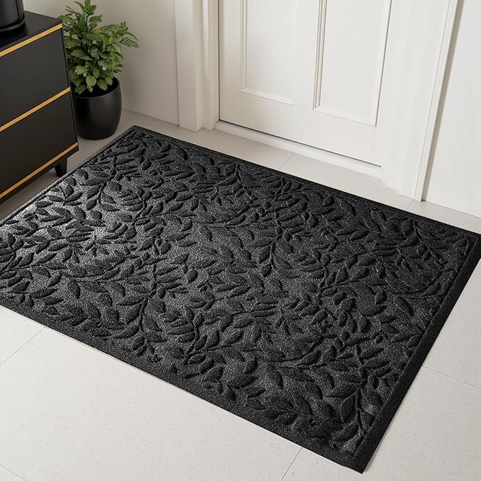Black Leaves Outdoor Indoor Entrance Door mat, Absorbent Durable Heavy Duty Welcome Front Door Mat,Thick Natural Rubber Back,Easy Clean Entryway Mat 47x32 Inch, Low Profile