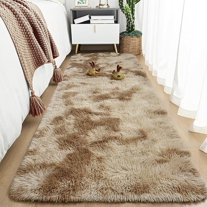 Tepook Fluffy Runner Rugs for Bedroom Aesthetic 2x6 Feet, Shag Soft Bedside Rug with Non-Slip Bottom, Fuzzy Plush Carpet for Room, Hallway Rug for Nursery Dorm Indoor Home Decor, Tie-Dyed Beige
