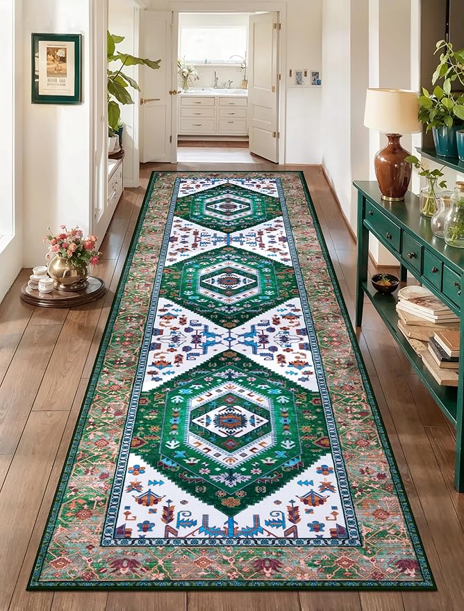 SERISSA Runner Rug for Hallways, 2'6"x8' Washable Non Slip Kitchen Runner Rug, Long Boho Rug Vintage Green White Hallway Stair Ultra Soft Print Floor Carpet for Bedroom Bathroom Laundry Room