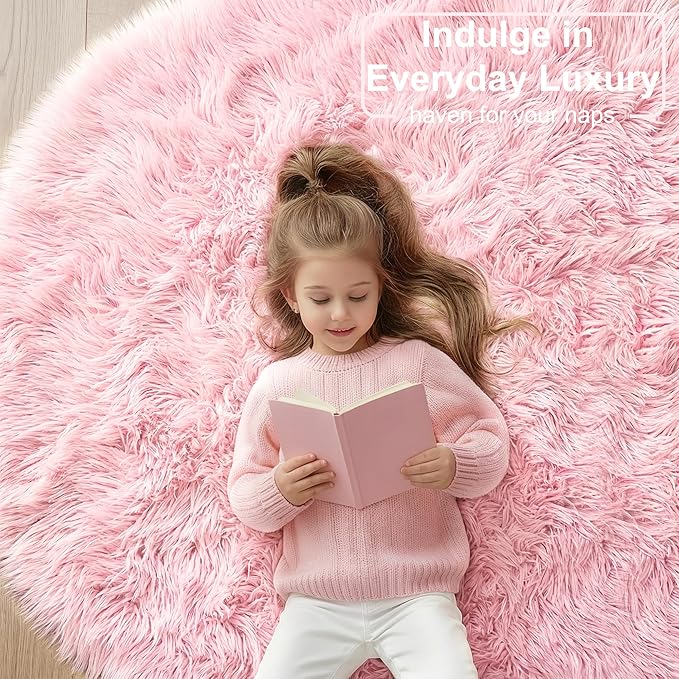 Amdrebio Pink Round Area Rugs 8Ft for Living Room, Bedroom Decor, Soft Large Circle Rug for Kids Room, Teen Girls, Fluffy Big Carpets for Baby Nursery, Dorm, Classroom, Cute Kawaii Princess Carpet