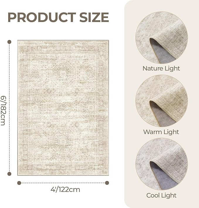 Area Rugs 4x6 for Living Room, Non-Slip Backing Small Kids Rugs for Bedroom, Vintage Abstract Rug Home Decor, Low Pile Soft Washable Rug for Kitchen, Dining Room (4'x6', Beige/Ivory)