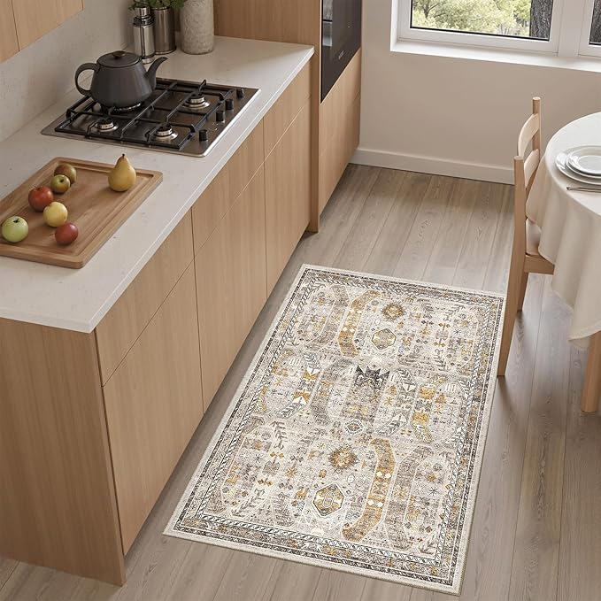 Madane Washable Area Rug 2x3, Small Entryway Rug Non-Slip Vintage Door Mat Indoor Entrance, Low Pile Floor Carpet for Inside Front Door Bedroom Kitchen Entry Laundry (2'x3', Brown/Gold)