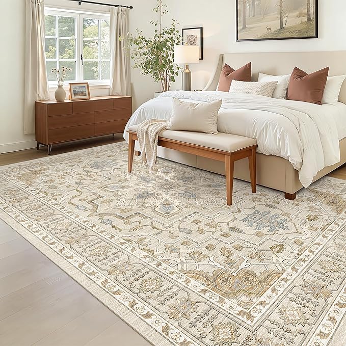 Madane 5x7 Area Rugs for Living Room, Stain Resistant Washable Rug, Non-Slip Backing Area Rug, Vintage Home Decor Rug for Bedroom (Beige/Blue, 5'x7')