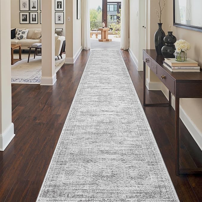 3x20 Washable Runner Rug for Hallway, Non-Slip Long Hallway Runner for Entryway, Soft Vintage Kitchen Mats for Floor, Abstract Dining Room, Bedroom, Living Room Rugs(3'x20', Grey/Ivory)