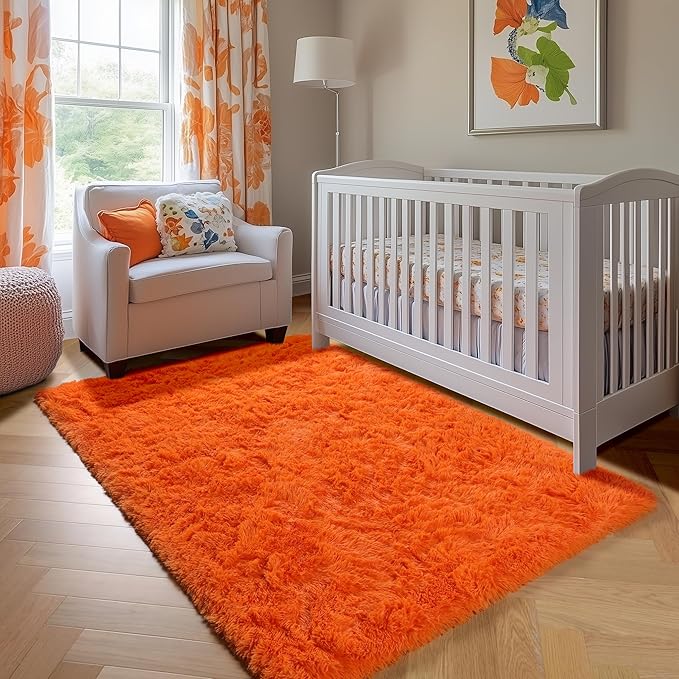 ONASAR Orange Rugs for Living Room Bedroom, 5x8 Fluffy Bedside Area Rug, Soft Plush Shaggy Indoor Floor Carpet for Nursery Kids Girls Boys Teen Dorm Home Office Decor Aesthetic