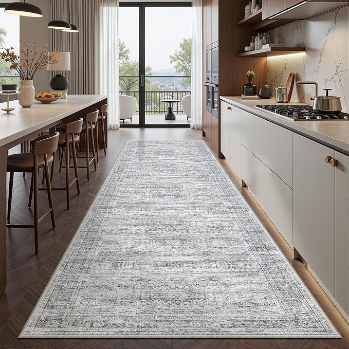Kitchen Runner Rugs Non Skid Washable - 2.5 x 10 Runner Rug with Anti Slip Backing, Ultra-Thin Soft Rug Runner for Hallway, Bedroom, Living Room (2.5'x10', Grey/Ivory)