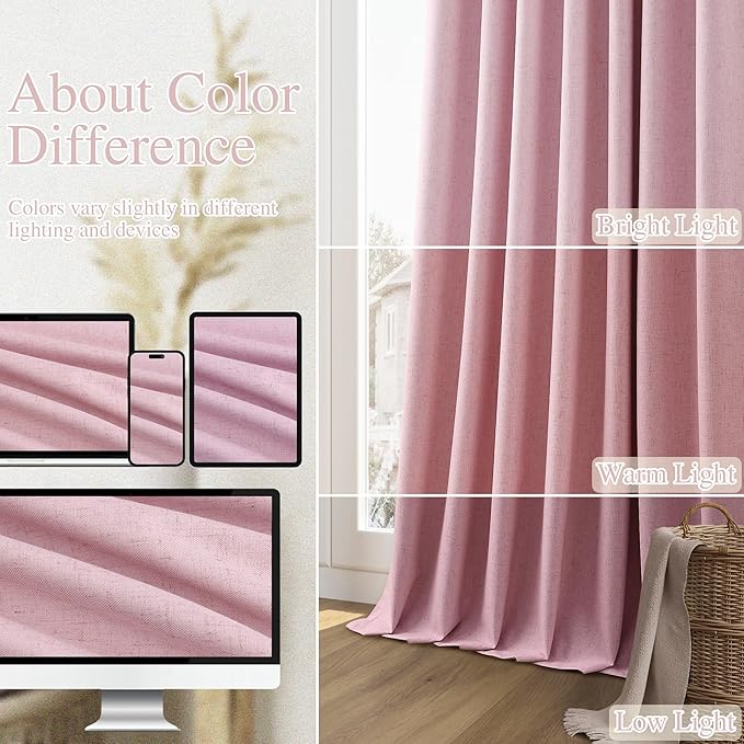 Guken 100% Blackout Curtains 108 Inch Length 2 Panels Set for Living Room Bedroom Back Tab Thermal Insulated Black Out Linen Drapes Room Darkening Rose,52x108