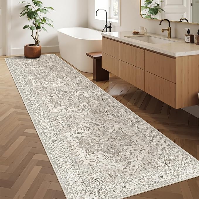Madane Hallway Runner Rug 2'6''x12', Non Slip Vintage 12ft Runners for Hallways Washable Kitchen Rugs Soft Low Pile 2.5x12 ft Rug Runner for Laundry Room, Entryway and Bedroom, Beige/Brown