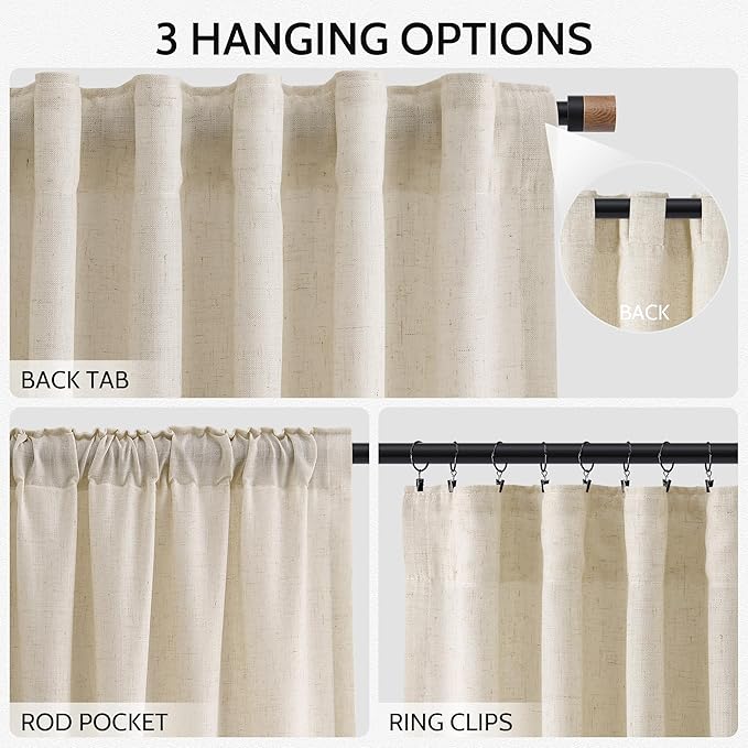 Linen Curtains for Living Room 72 Inches Long Modern Farmhouse Decor Light Filtering Semi Sheer Curtain Back Tab Neutral Luxury Rustic Burlap Coastal Drapes for Bedroom Office 52x72, 2 Panels
