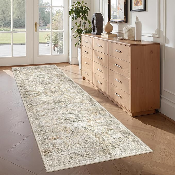2x5 Rug Runner Washable for Entryway, Soft Bathroom Rugs with Non-Slip Backing, Abstract Low Pile Hallway Runner, Vintage Small Kitchen Carpet for Stair, Laundry Room(2'x5', Grey/Yellow)