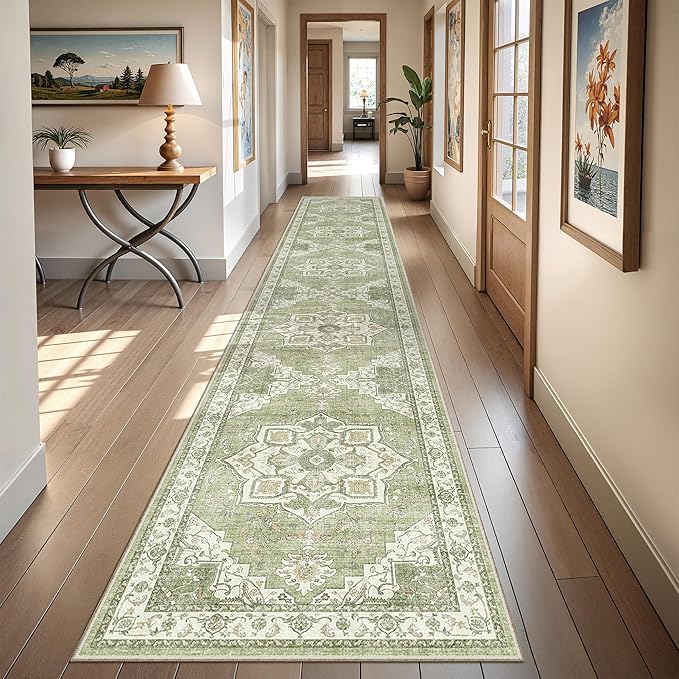 Hallway Runner Rug 2x12, Extra Long Washable Runner Rugs with Rubber Backing, Non Slip Runner, Vintage Rug Runners for Kitchen Laundry Room Entryway (Light Green,2'x12')