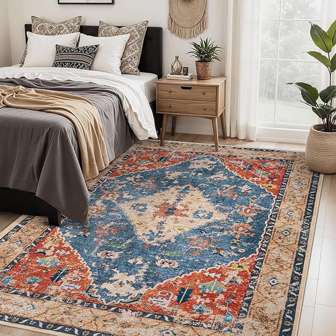 Area Rug 5x7 Washable Rug, Vintage Boho Medallion Rugs Non-Slip Soft Low Pile Large Distressed Rug Indoor Retro Carpet for Living Room Bedroom Dining Room Office (TribalMedallionMulti, 5'x7')