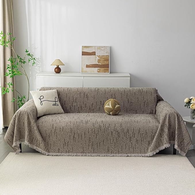 MYSKY HOME Couch Covers for 2 Cushion Couch Sectional Sofa, L Shape Sofa Protector Sand Chenille Couch Cover, Sofa Covers Washable Blanket with Tassel Pet Couch Cushion Cover, 71"X102"