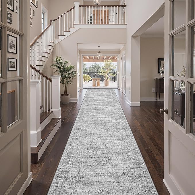 3x18 Washable Runner Rug for Hallway, Non-Slip Long Hallway Runner for Entryway, Soft Vintage Kitchen Mats for Floor, Abstract Dining Room, Bedroom, Living Room Rugs(3'x18', Grey/Ivory)