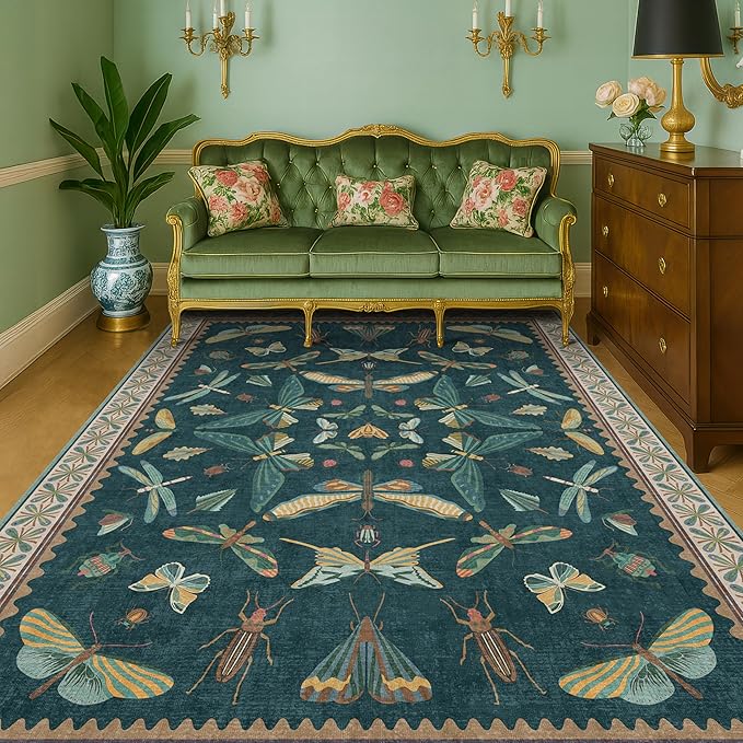 Hazo Haus Insect Blue Green Living Room Rug 5x8 - Washable Area Rug for Bedroom, Dining Room, Kids Playroom, Home Office, Boho Butterfly Non Slip Stan Resistant