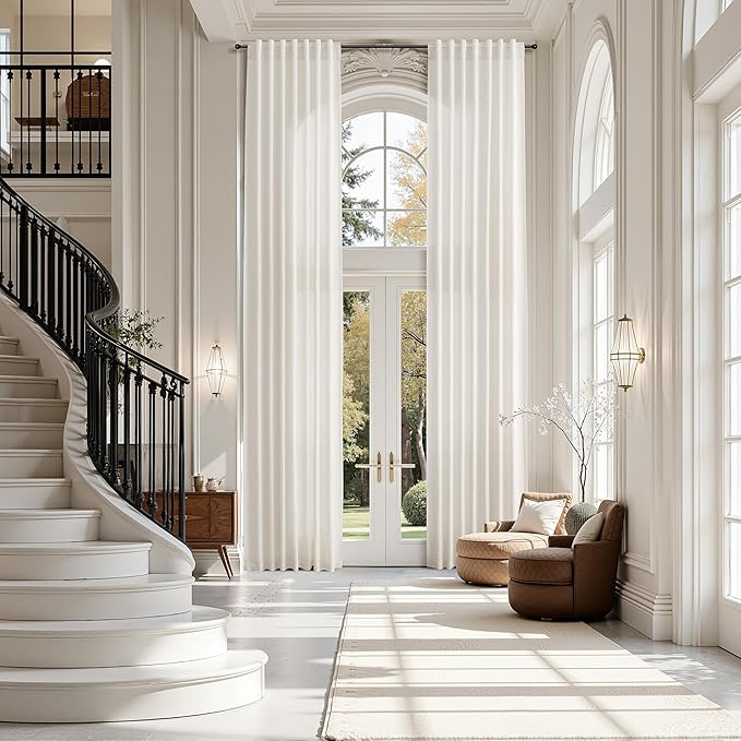 Ivory White Linen Curtains 132 Inch Length for Living Room Light Filtering Semi Sheer Curtain Back Tab Neutral Modern Farmhouse Decor Drapes Floor to Ceiling High Window for Bedroom 52x132, 2 Panels