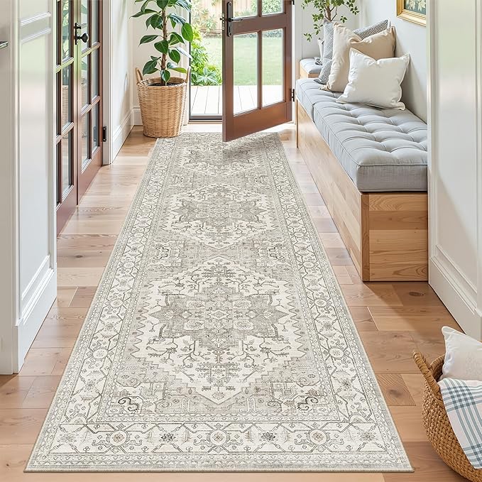 Madane Runner Rug 2'6''x8' Kitchen Runners, Printed Vintage Washable Hallway Rugs Soft Non-Slip Low Pile 2.5x8 ft Runners for Hallways Laundry Room Rug, Beige/Brown