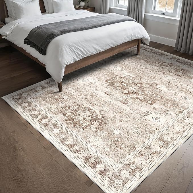 Hazo Haus Washable Neutral Farmhouse Living Room Rug, 5x8 Area Rugs for Bedroom Under Bed, Nursery Room, Boho Vintage Floral Non-Slip Rug Low Pile Stain Resistant (5x8 Beige/Latte)