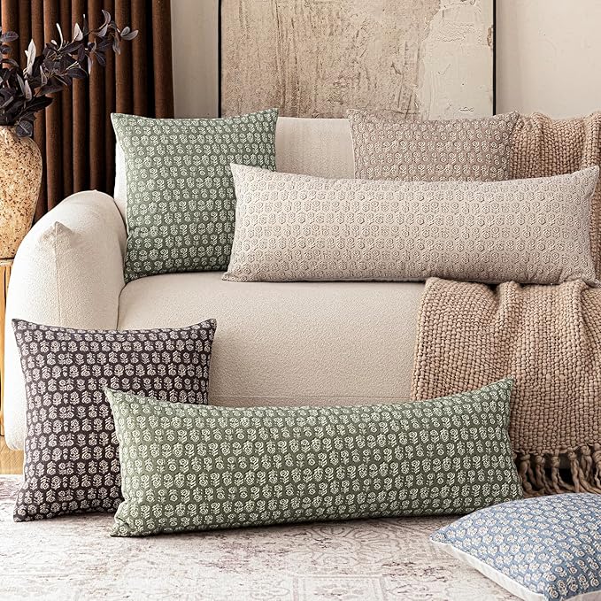 Foindtower Set of 2 Decorative Long Body Lumbar Throw Pillow Covers Neutral Modern Farmhouse Cushion Covers Vintage Home Decor for Sofa Couch Chair Bedroom Living Room,14×36 Inch,Sage Green