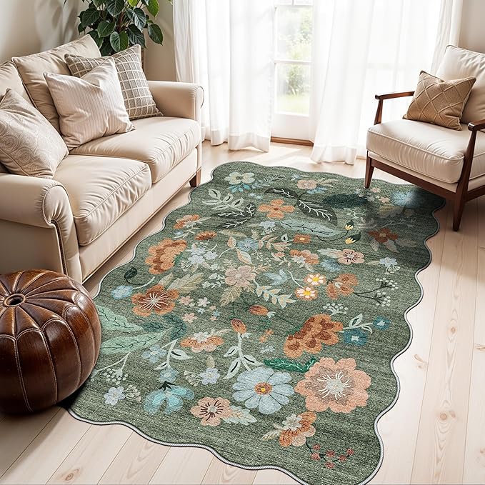 4x6 Living Room Area Rugs: Washable Farmhouse Nursery Kitchen Floral Rugs Non-Slip Small Cute Bedroom Carpet Non-Shedding Floor Mat for Kids Room University dormitory Decorative Rugs(4x6,Floral/Green)