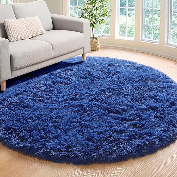 ONASAR Navy Blue Round Area Rug 4ft, Soft Bedroom Circle Rugs Floor Mat for Kids Girls Boys Teen Room, Fluffy Plush Shaggy Carpet for Baby Nursery Living Room Playroom Dorm Home Decor
