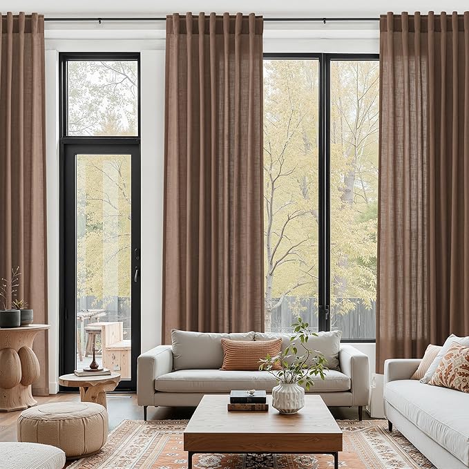 Caramel Brown Linen Curtains for Living Room 98 Inches Long Back Tab and Rod Pocket Light Filtering Semi Sheer Vintage Rustic Curtain Luxury Boho Decor Drapes for Bedroom Office 52x98, 2 Panels