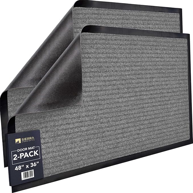 Sierra Concepts Front Door Mat X-Large Welcome Floor Mats - Entryway Indoor Outdoor Entrance Doormat, Patio, Porch, Muddy Dog Shoe, Inside Outside Low Profile 48x36in, 2-Pack Battleship Gray
